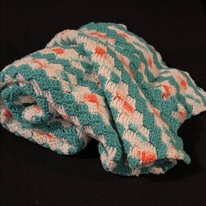 HANDMADE Crochet throw blanket!! Vivid teal & coral  yarn. Grannycore home decor